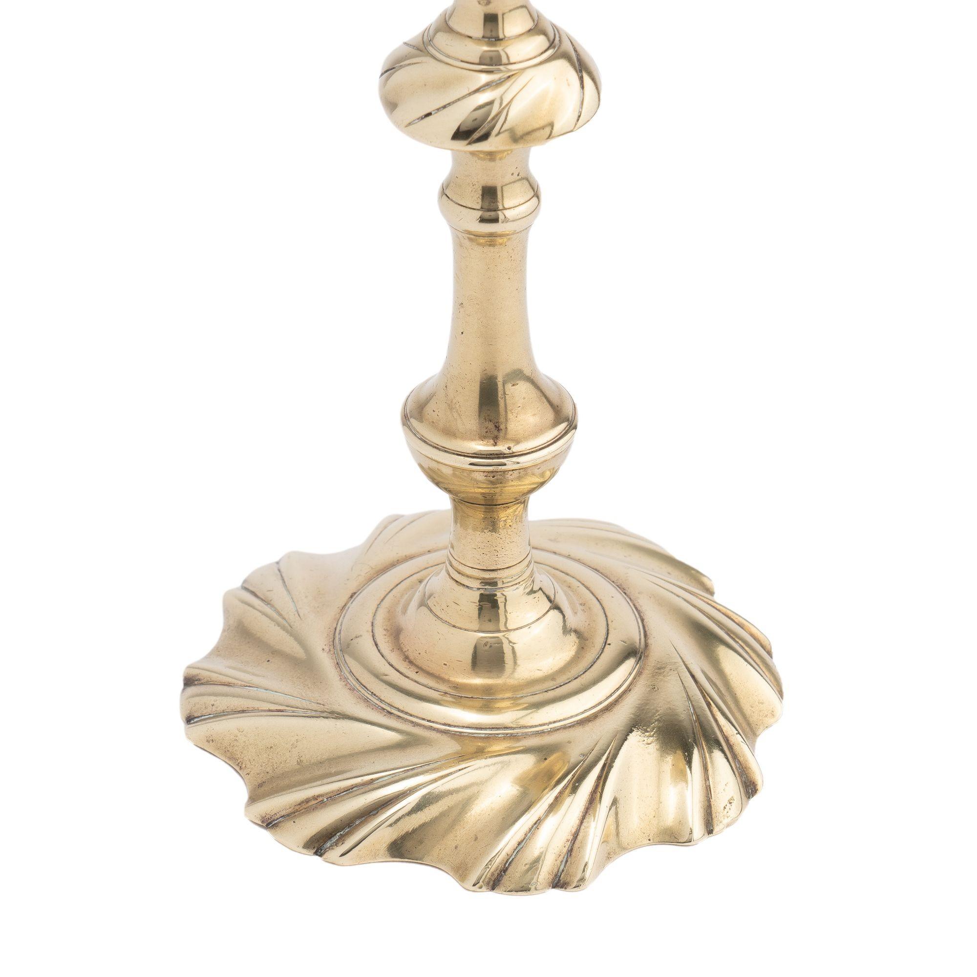18th Century English seam cast brass swirl base candlestick, 1750 For Sale