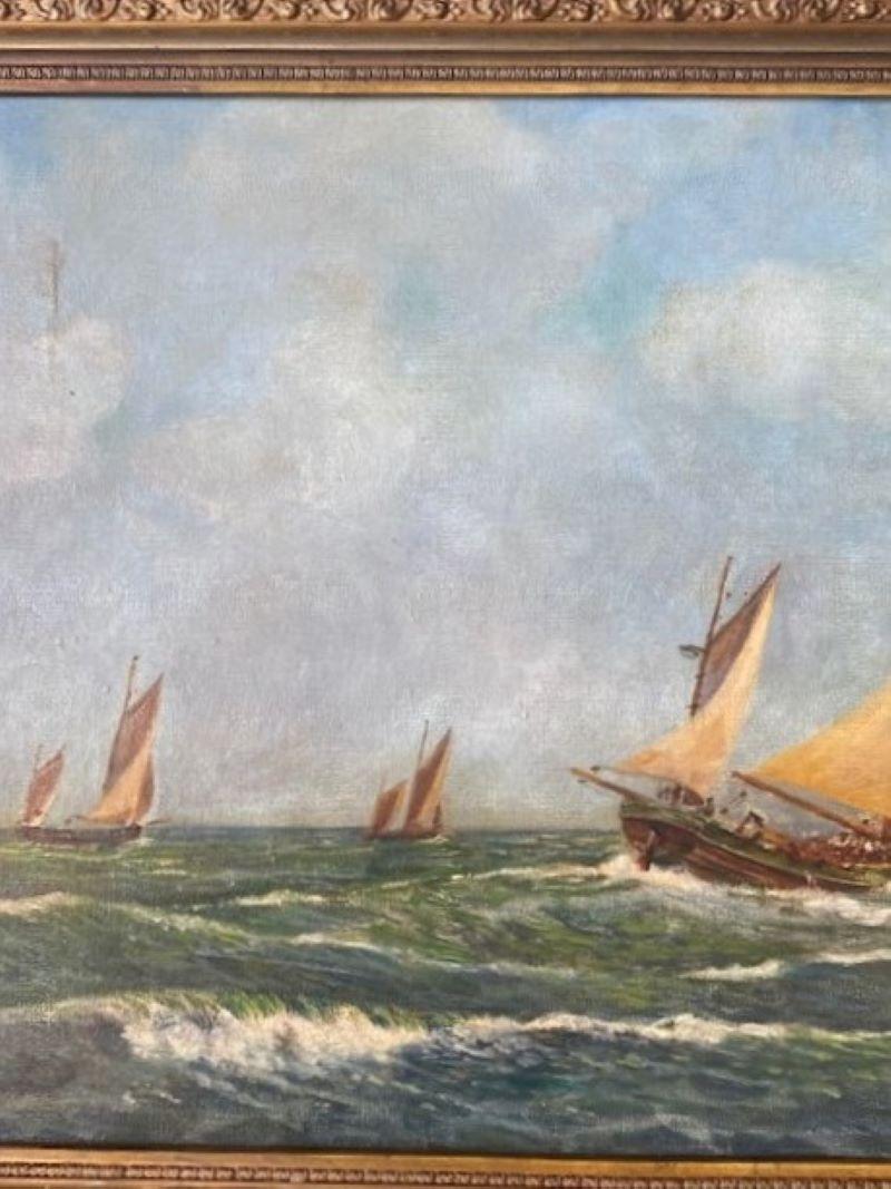 Autre Paysage marin anglais avec trois yoles, par S. Noble, vers 1920 en vente