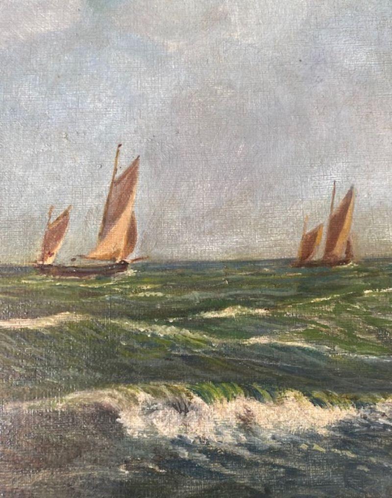 Anglais Paysage marin anglais avec trois yoles, par S. Noble, vers 1920 en vente