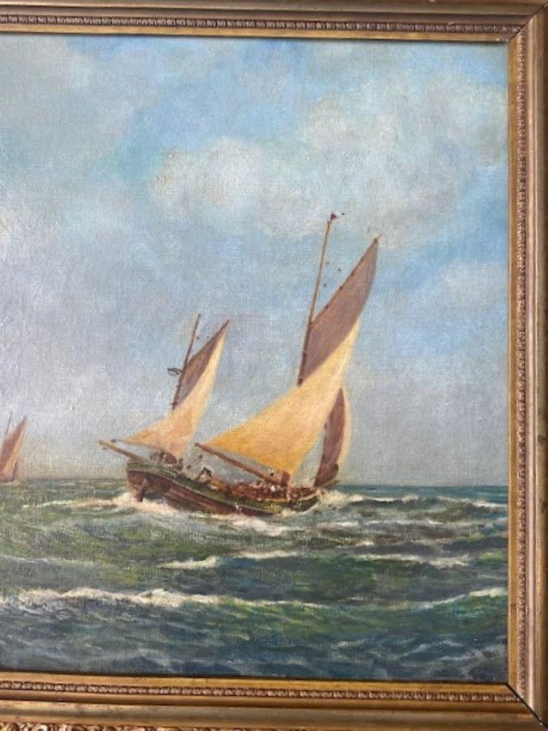 Peint à la main Paysage marin anglais avec trois yoles, par S. Noble, vers 1920 en vente