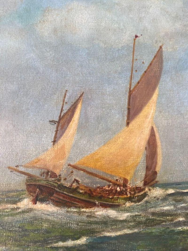 Paysage marin anglais avec trois yoles, par S. Noble, vers 1920 Bon état - En vente à Nantucket, MA