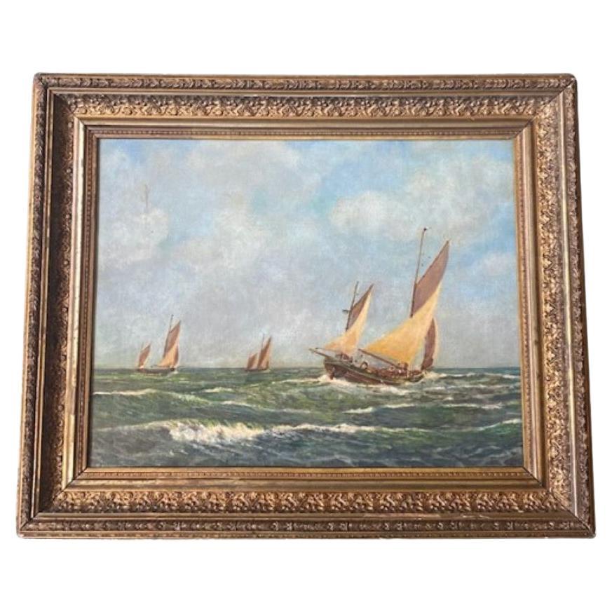 Paysage marin anglais avec trois yoles, par S. Noble, vers 1920 en vente