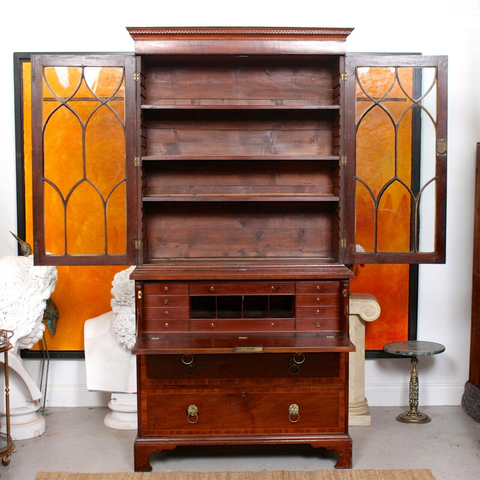 19th Century English Secretaire Bureau Bookcase Astragal Glazed Mahogany Library Cabinet For Sale