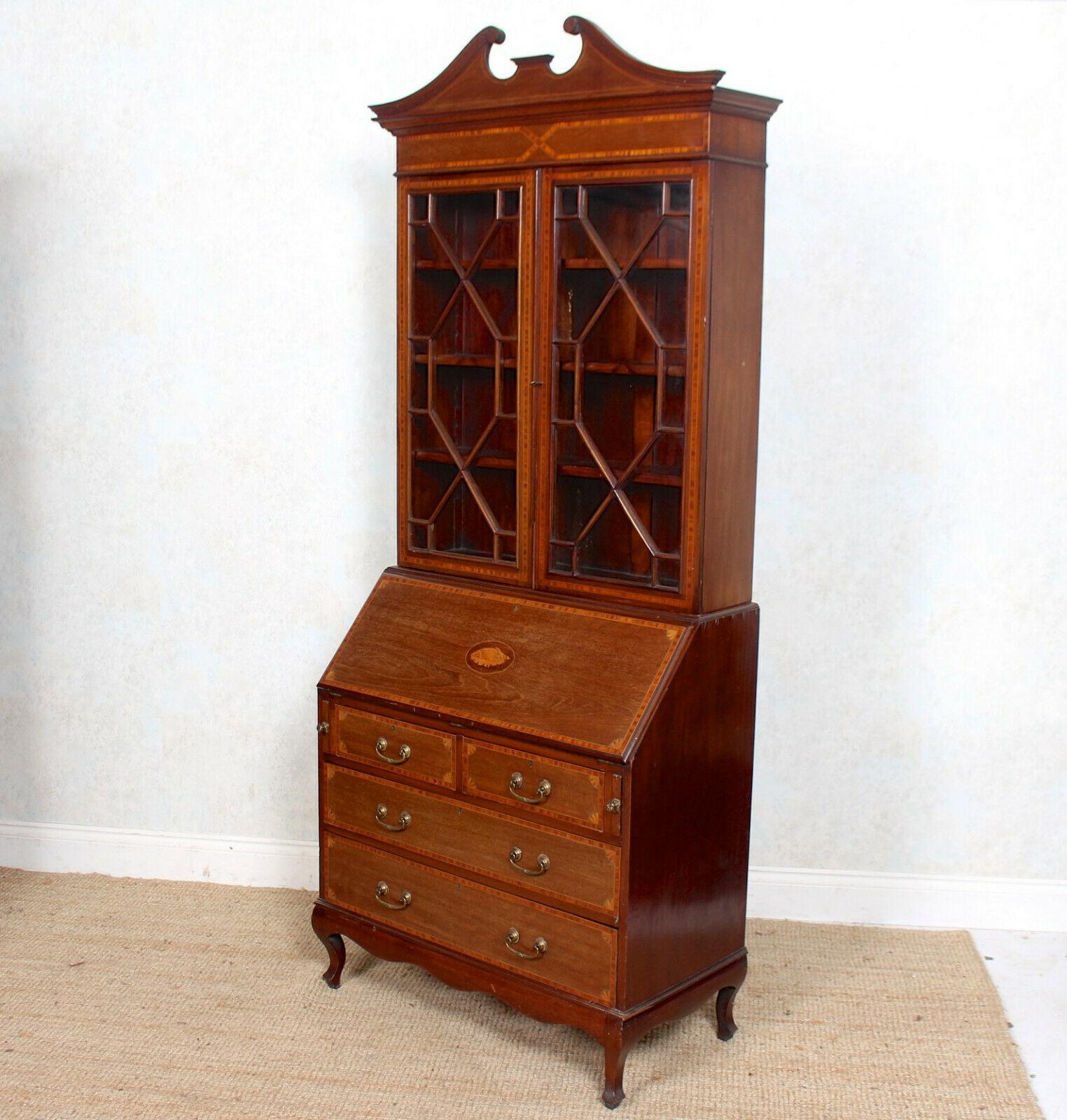 20th Century English Secretaire Bureau Bookcase Astragal Glazed Mahogany Library Cabinet For Sale