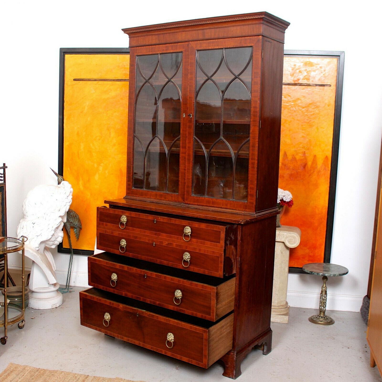 English Secretaire Bureau Bookcase Astragal Glazed Mahogany Library Cabinet For Sale 5