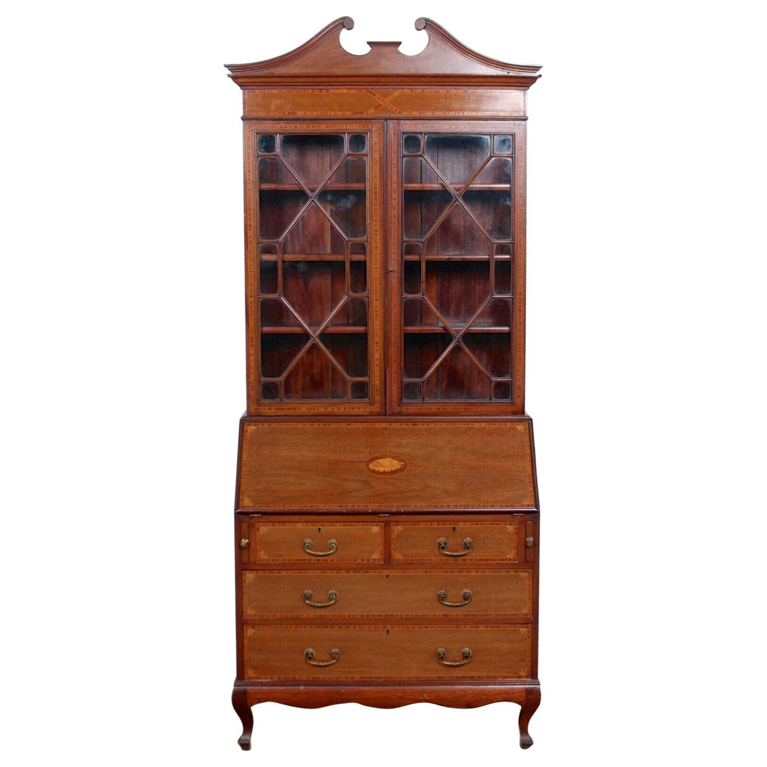 English Secretaire Bureau Bookcase Astragal Glazed Mahogany Library Cabinet For Sale