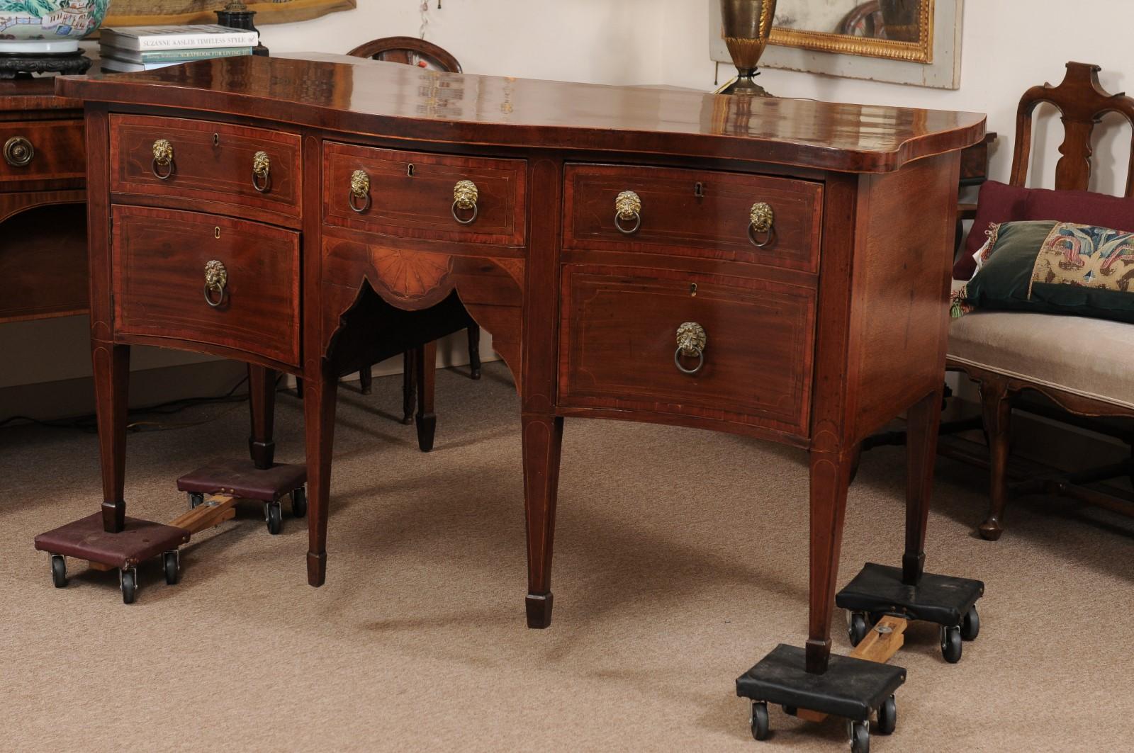 English Serpentine Mahogany Inlaid Sideboard, 19th Century For Sale 6