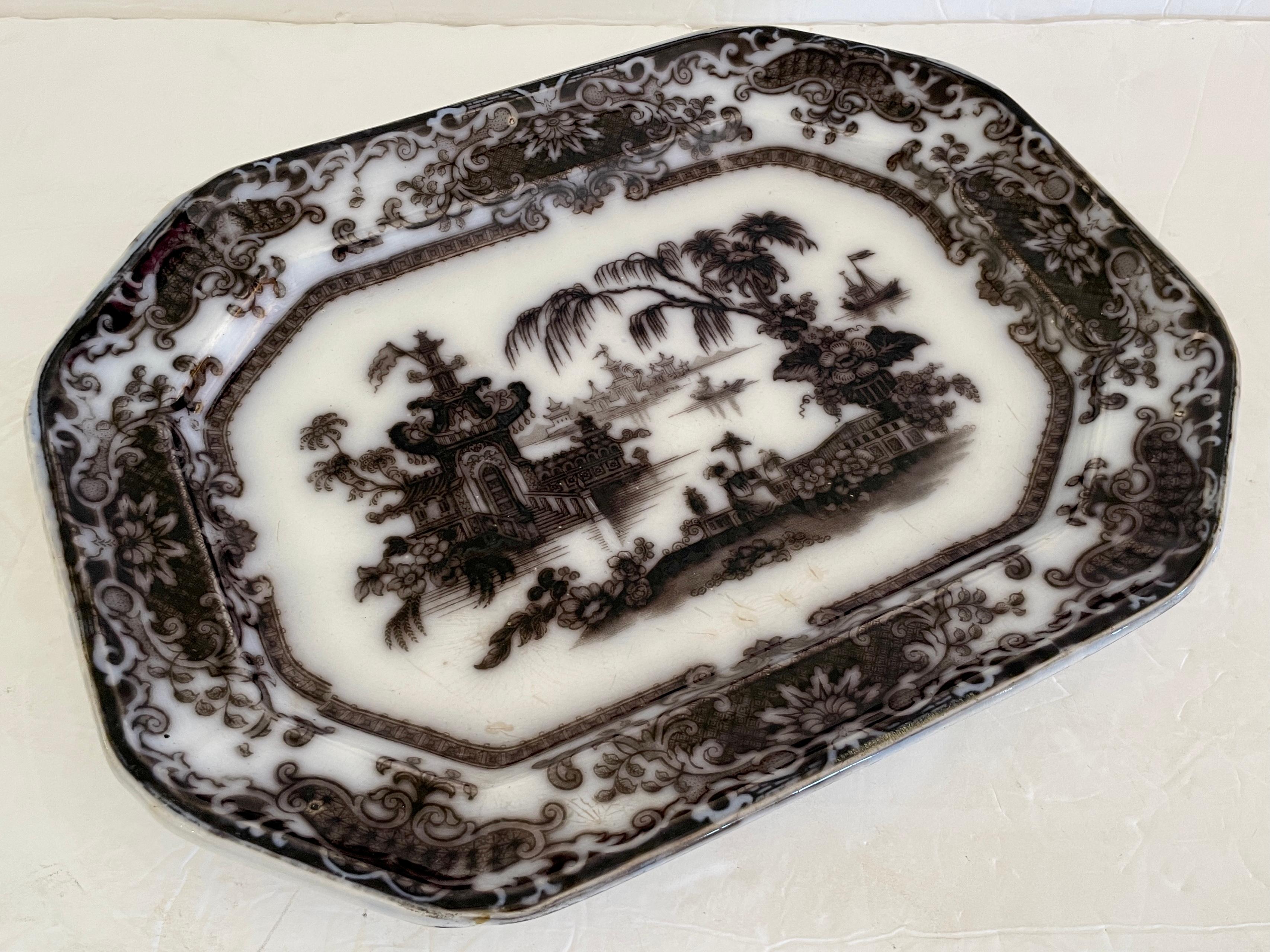 Ceramic English Serving Platter with Asian Scene Motif For Sale