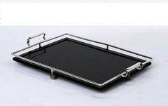 English Serving Tray of Black Glass and Chrome from the Art Deco Period
