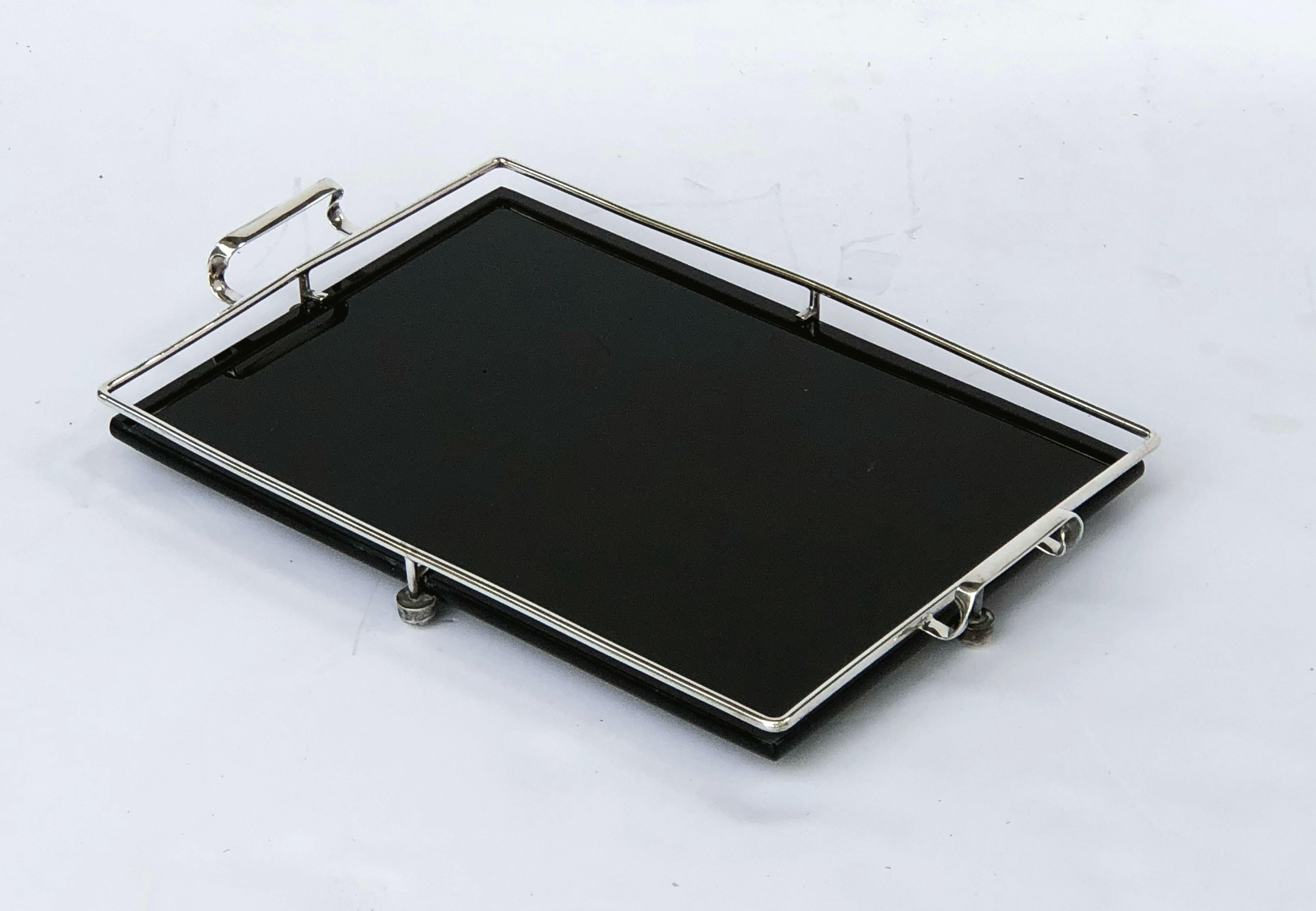 20th Century English Serving Tray of Black Glass and Chrome from the Art Deco Period