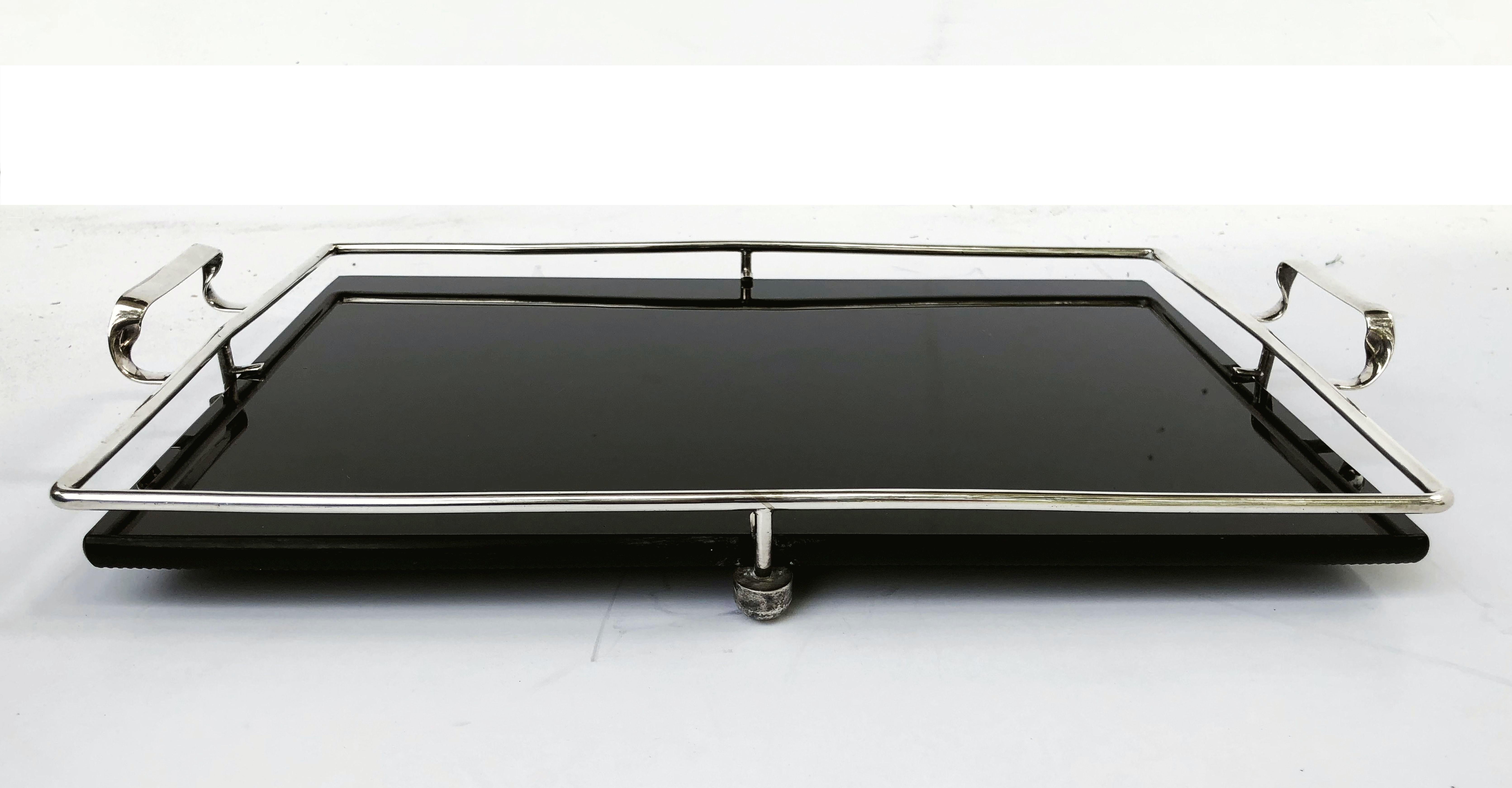 English Serving Tray of Black Glass and Chrome from the Art Deco Period 1
