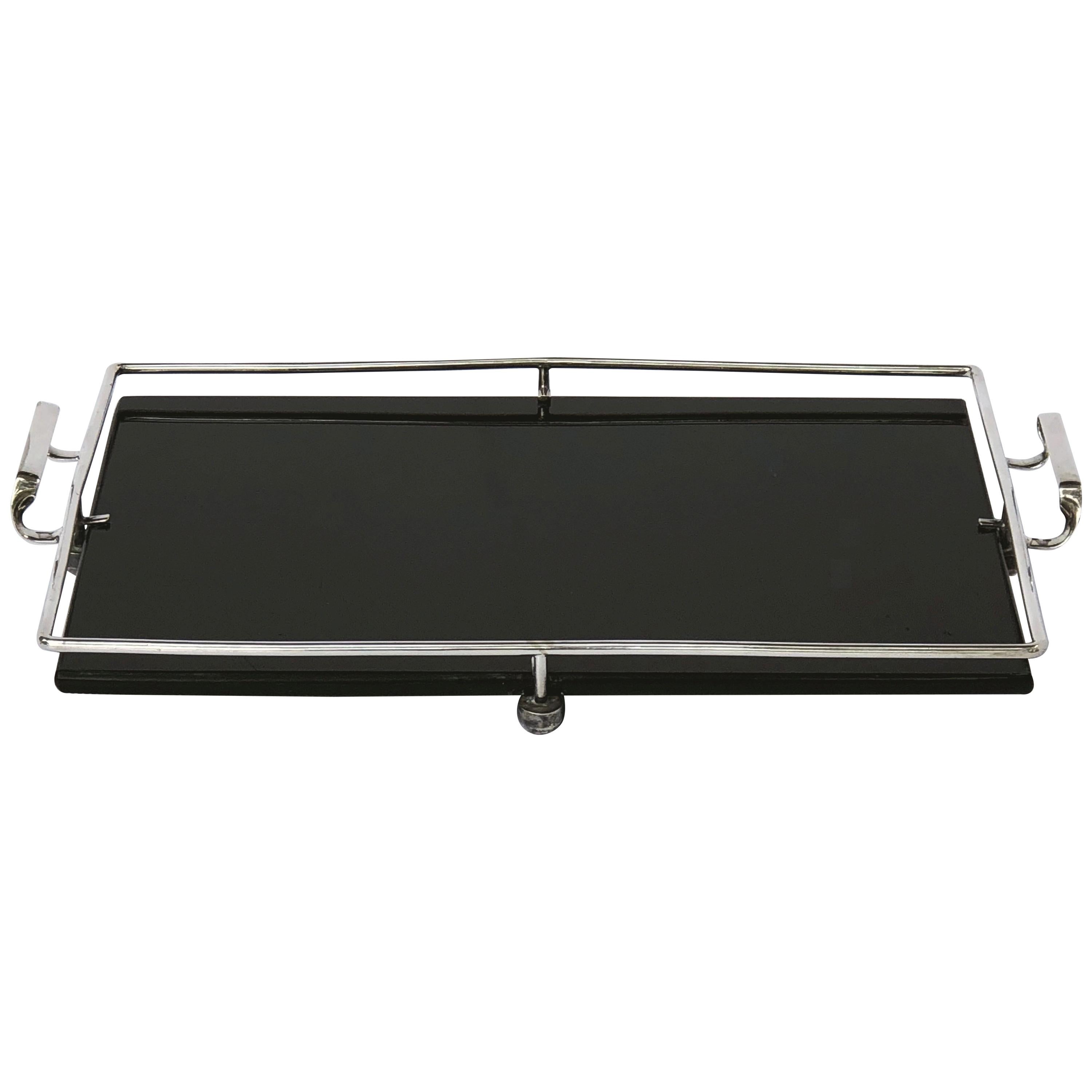 English Serving Tray of Black Glass and Chrome from the Art Deco Period