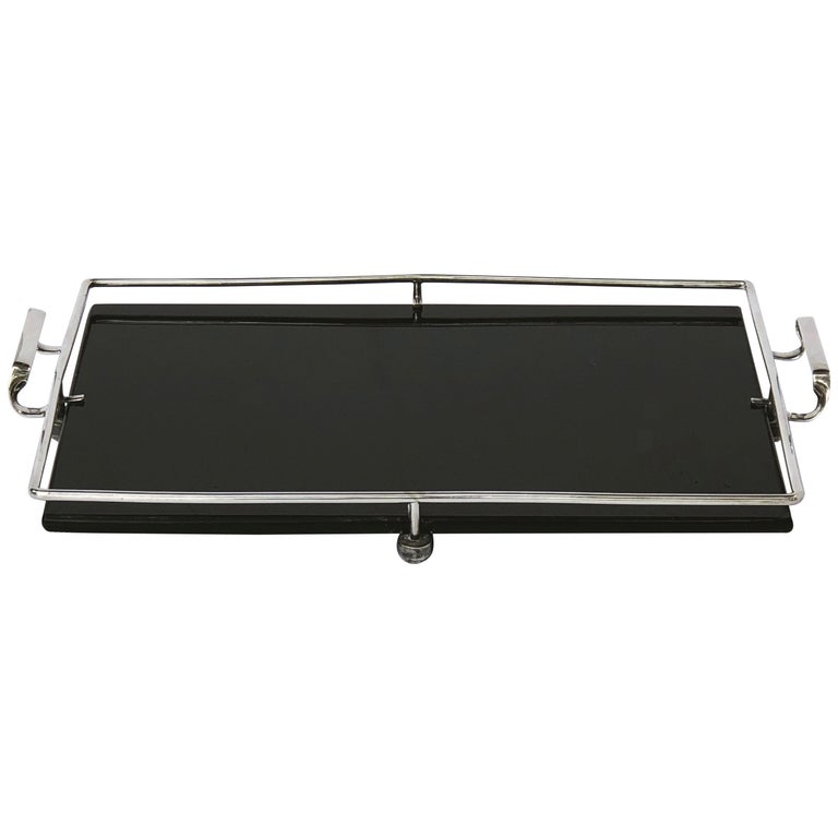 English Serving Tray of Black Glass and Chrome from the Art Deco Period at 1stDibs