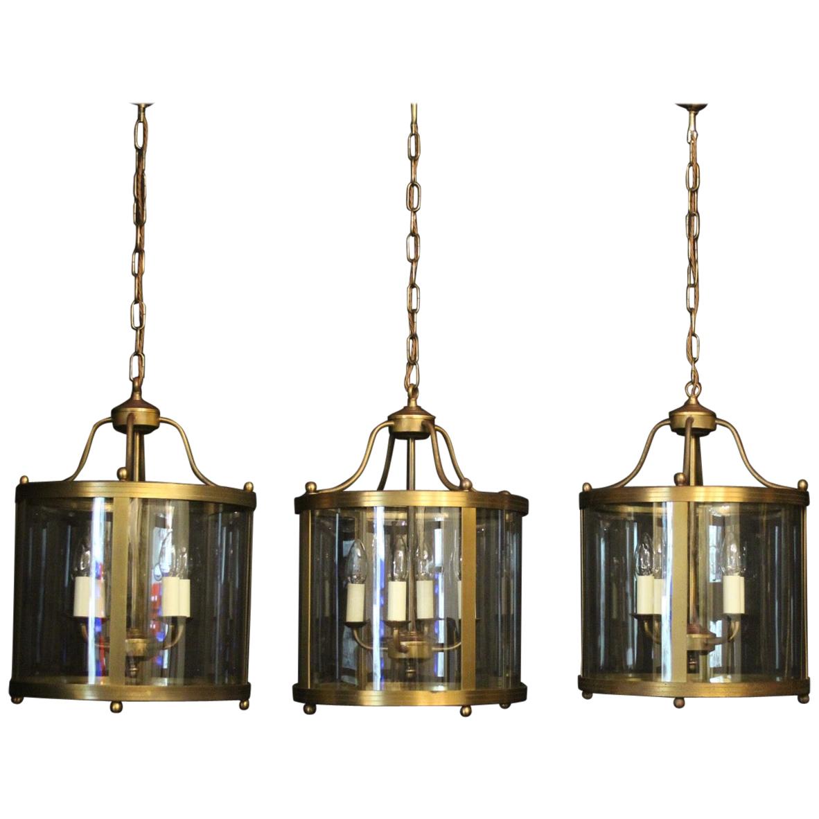 English Set of 3 Brass Convex Hall Lanterns