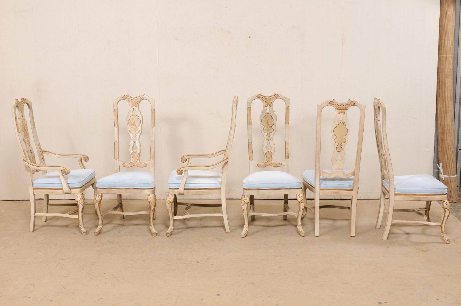 Wood English Set of 6 Dining Chairs w/Pierced Back Splats & Chinoiserie Style Paint For Sale