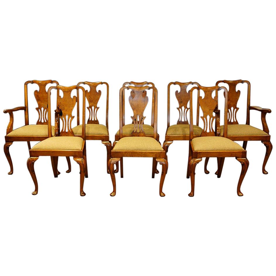 English Set of 8 Edwardian Queen Anne Style Walnut Dining Chairs circa 1910