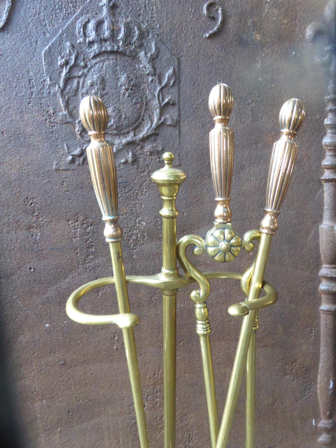 Brass English Set of Fireplace Tools, Victorian Companion Set, 19th Century