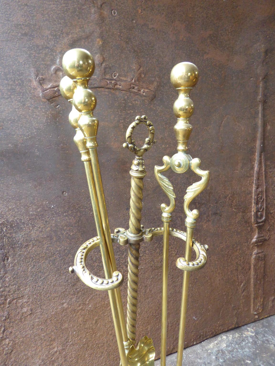 Brass English Set of Fireplace Tools, Victorian Companion Set, 19th Century