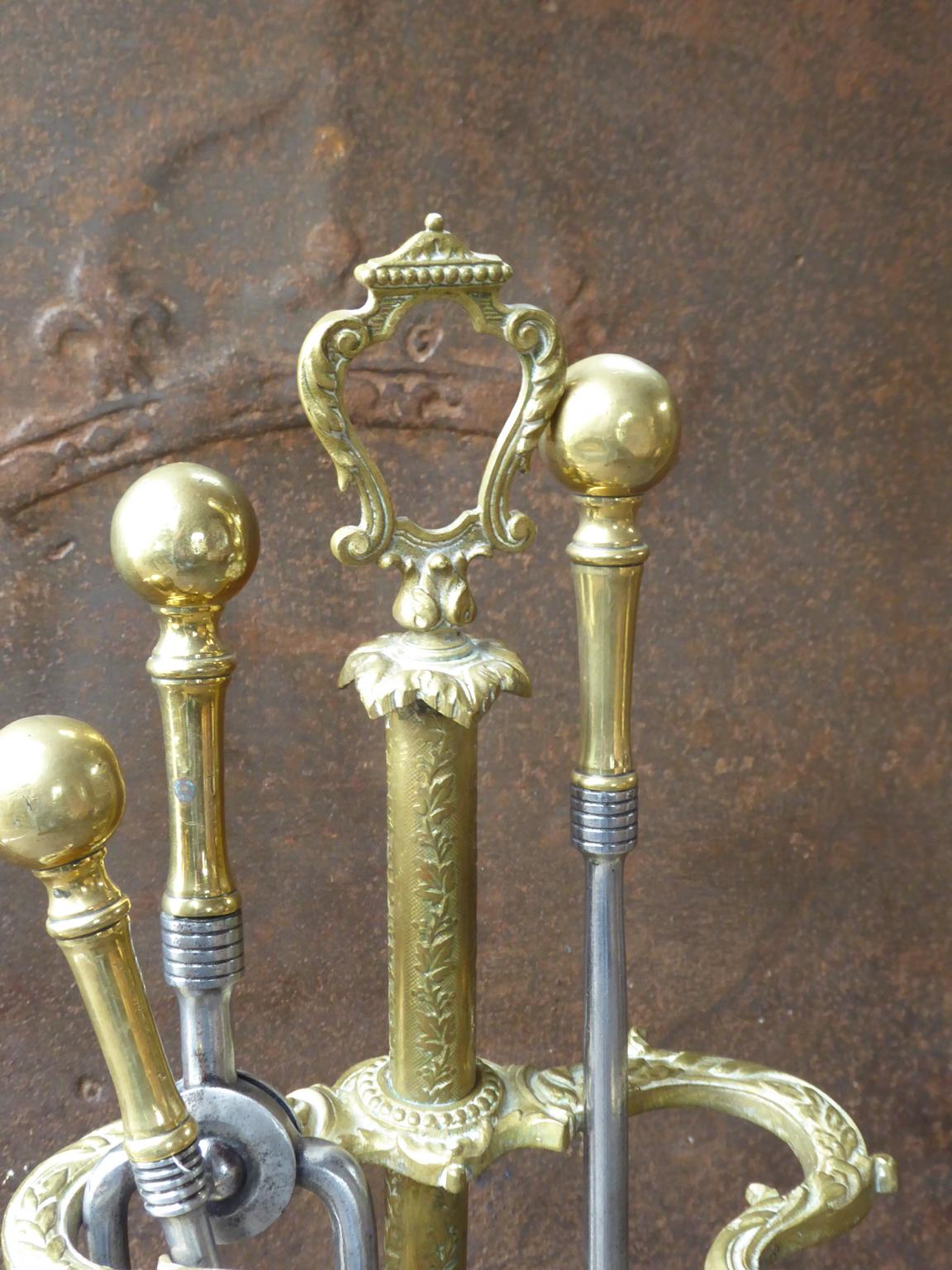 Brass English Set of Fireplace Tools, Victorian Companion Set, 19th Century For Sale