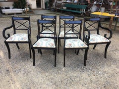 English Set of Six Regency Ebonized Chairs with Floral Fabric Seat from 1860s