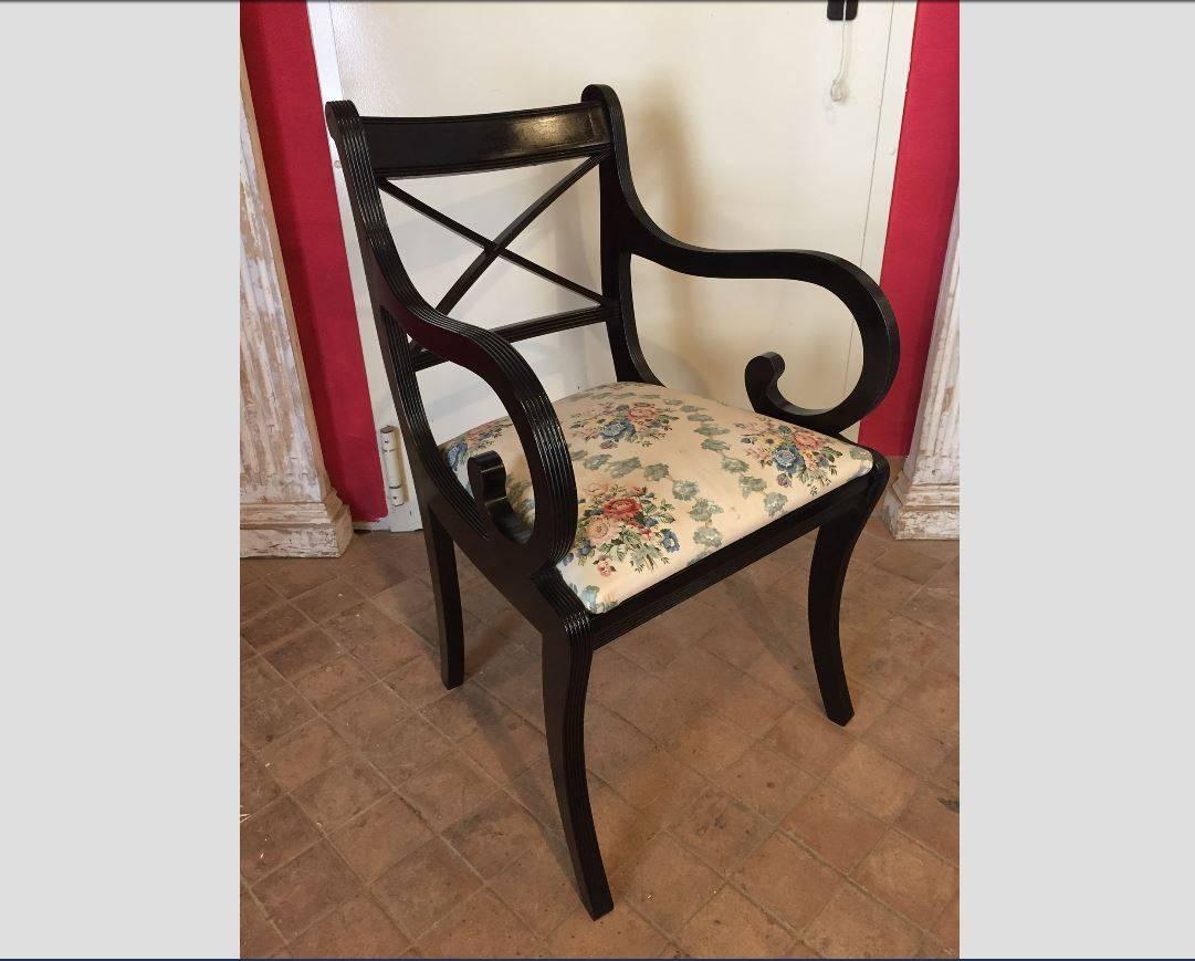 Mid-19th Century English Set of Six Regency Ebonized Chairs with Floral Fabric Seat from 1860s For Sale