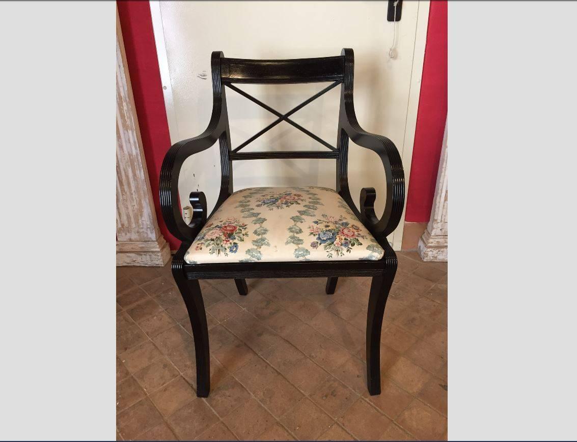 Wood English Set of Six Regency Ebonized Chairs with Floral Fabric Seat from 1860s For Sale