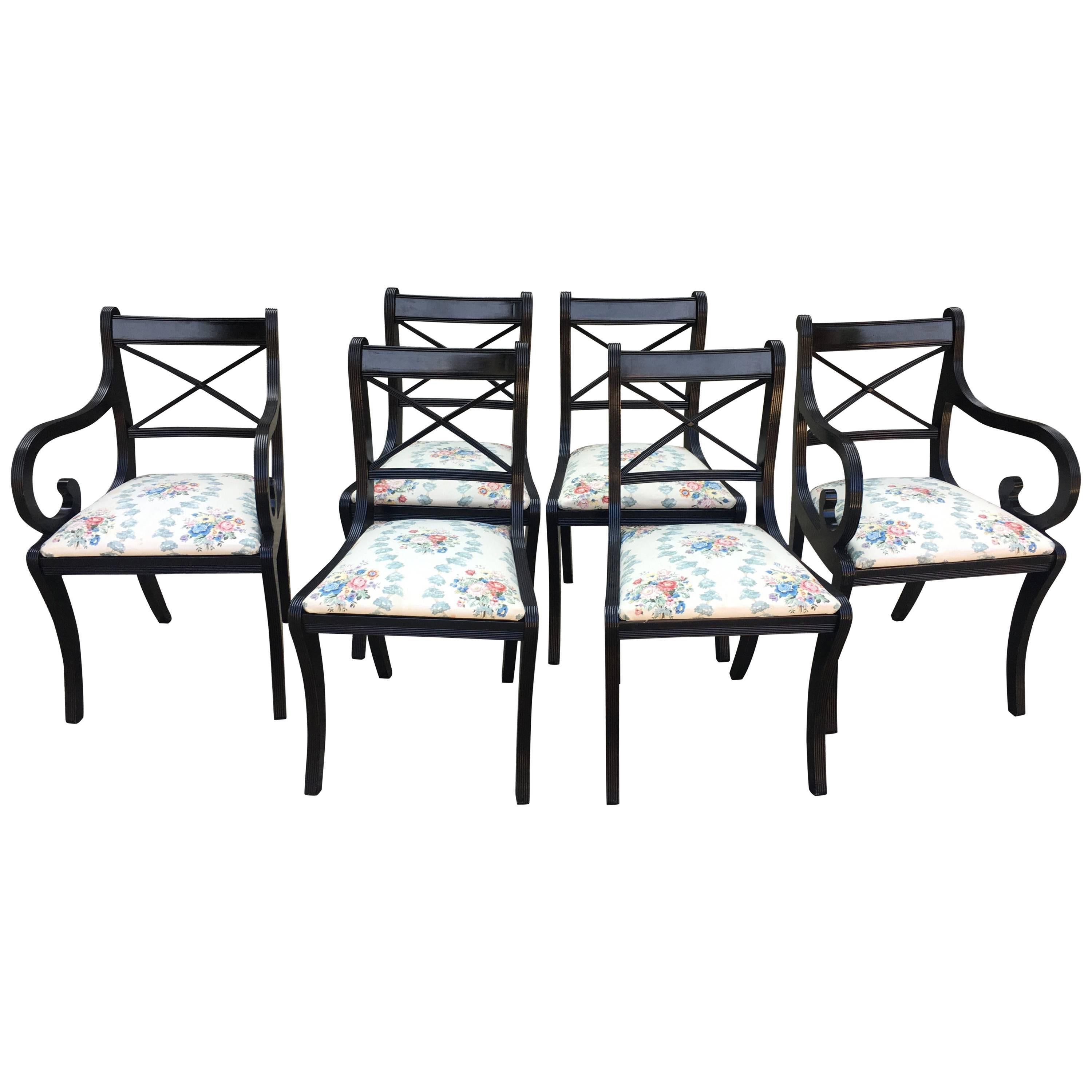 English Set of Six Regency Ebonized Chairs with Floral Fabric Seat from 1860s For Sale