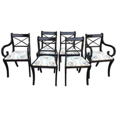 English Set of Six Regency Ebonized Chairs with Floral Fabric Seat from 1860s