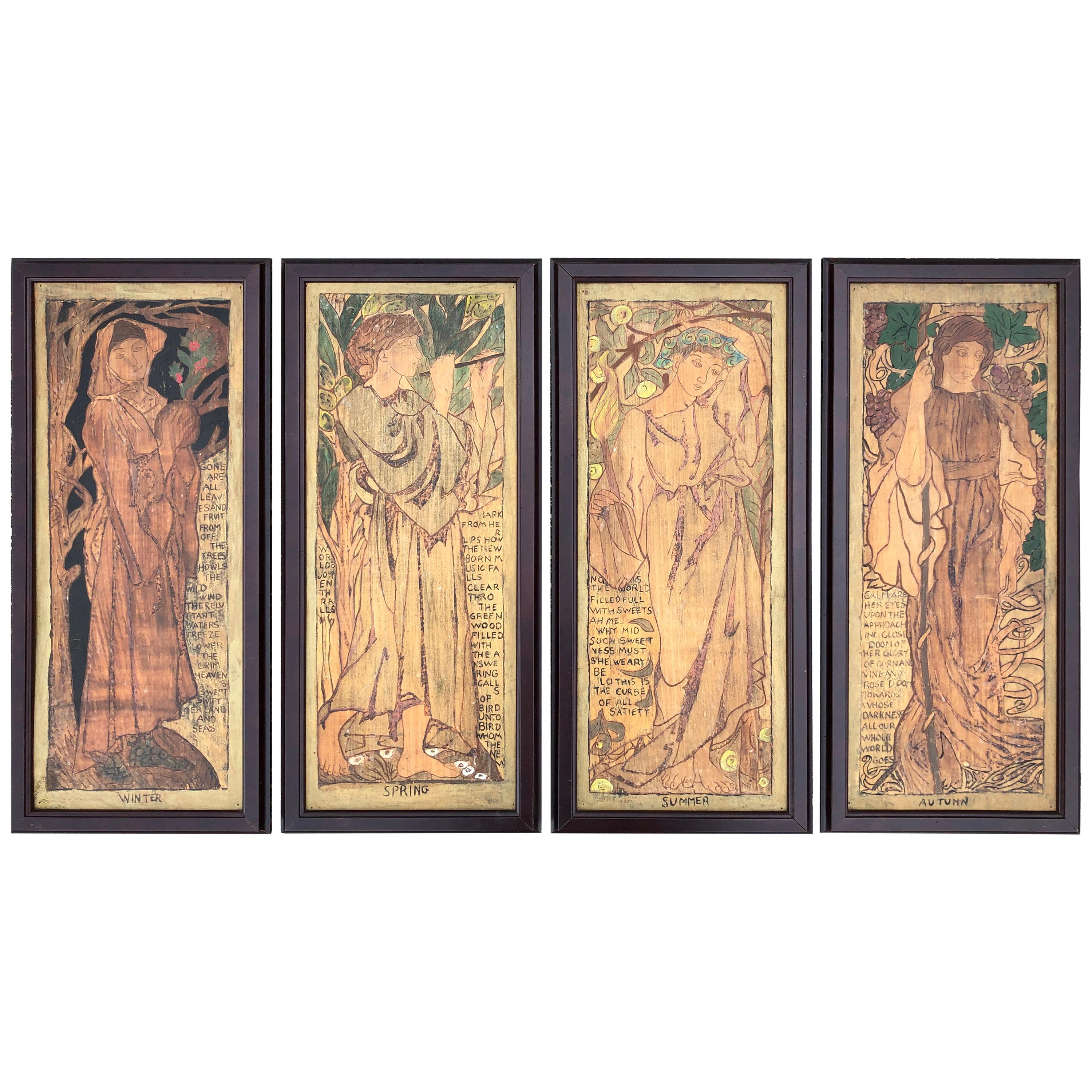 Quatre panneaux artisanaux anglais de style Arts & Crafts fabriqués à la main « Four Seasons »