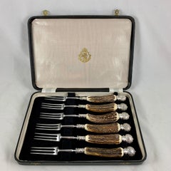 English Sheffield Antler and Silver Three-Tined Dining Forks, Boxed Set of Six