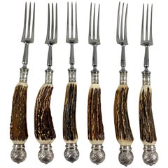 English Sheffield Antler and Silver Three-Tined Dining Forks, Boxed Set of Six