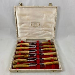 English Sheffield Ashberry Stag Horn Forks & Knives Cutlery, Boxed Set of Twelve