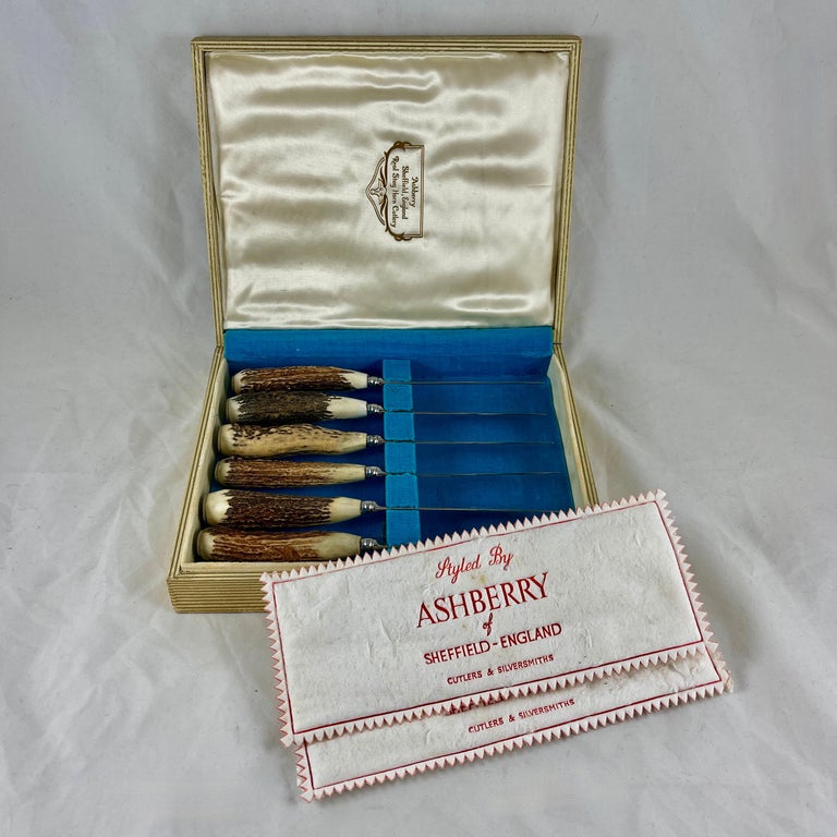A set of six, natural stag horn handled steak knives with silver mounted end caps, Phillip Ashberry & Son, Sheffield, England, circa 1900.

The set is in the original fitted presentation case showing the makers mark. The cutlery looks to have been