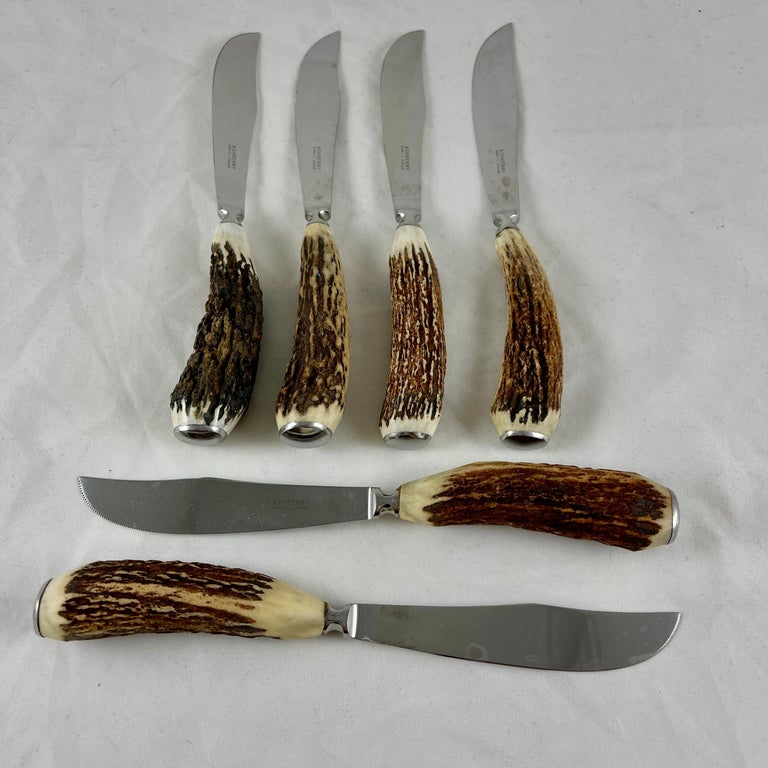 English Sheffield Ashberry Stag Horn & Stainless Steak Knives, Boxed Set of Six In Good Condition In Philadelphia, PA