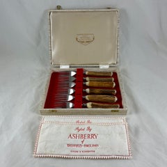 English Sheffield Ashberry Stag Horn & Stainless Steel Forks, Boxed Set of Six