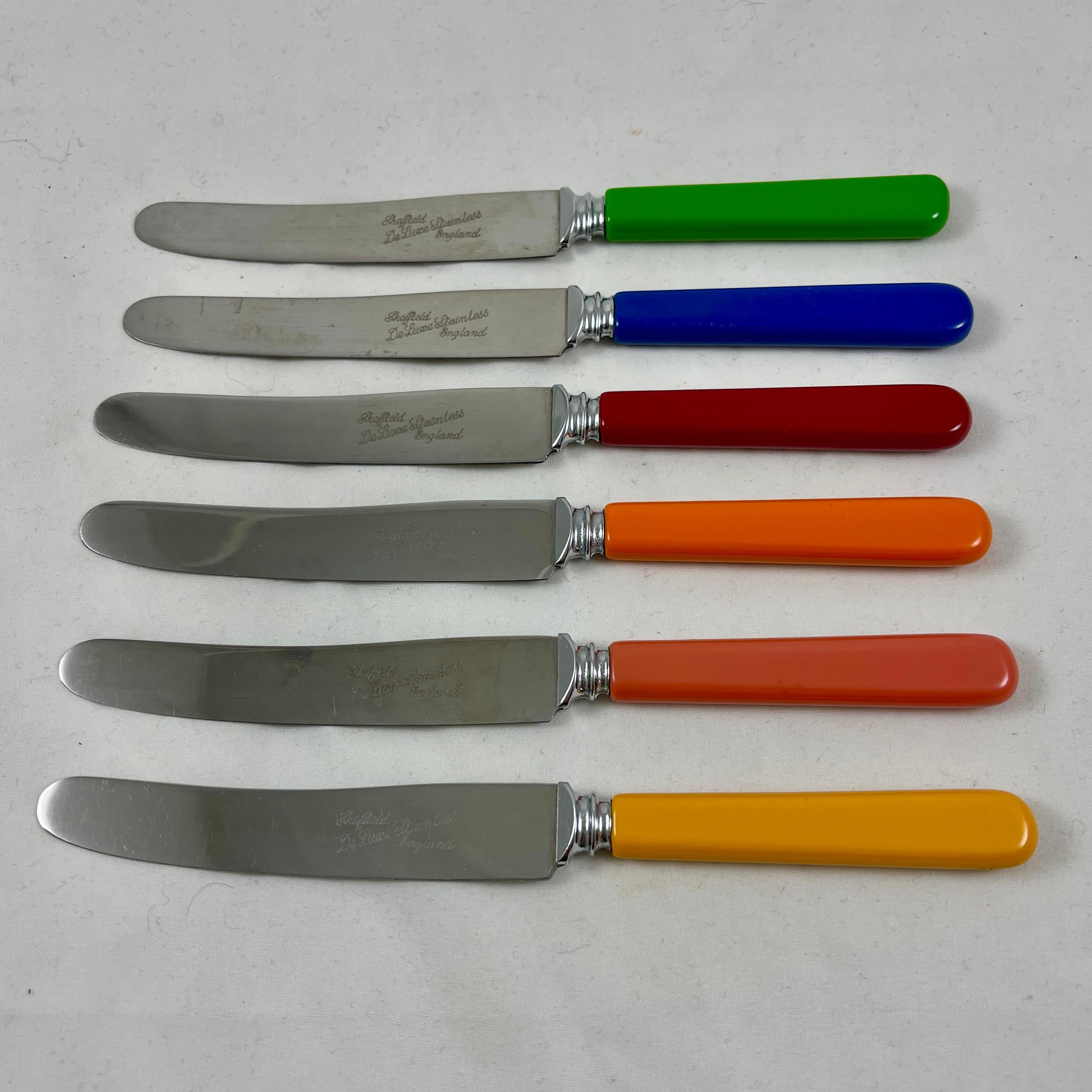 Molded English Sheffield DeLuxe Bakelite Rainbow Colored and Stainless Spreaders S/6