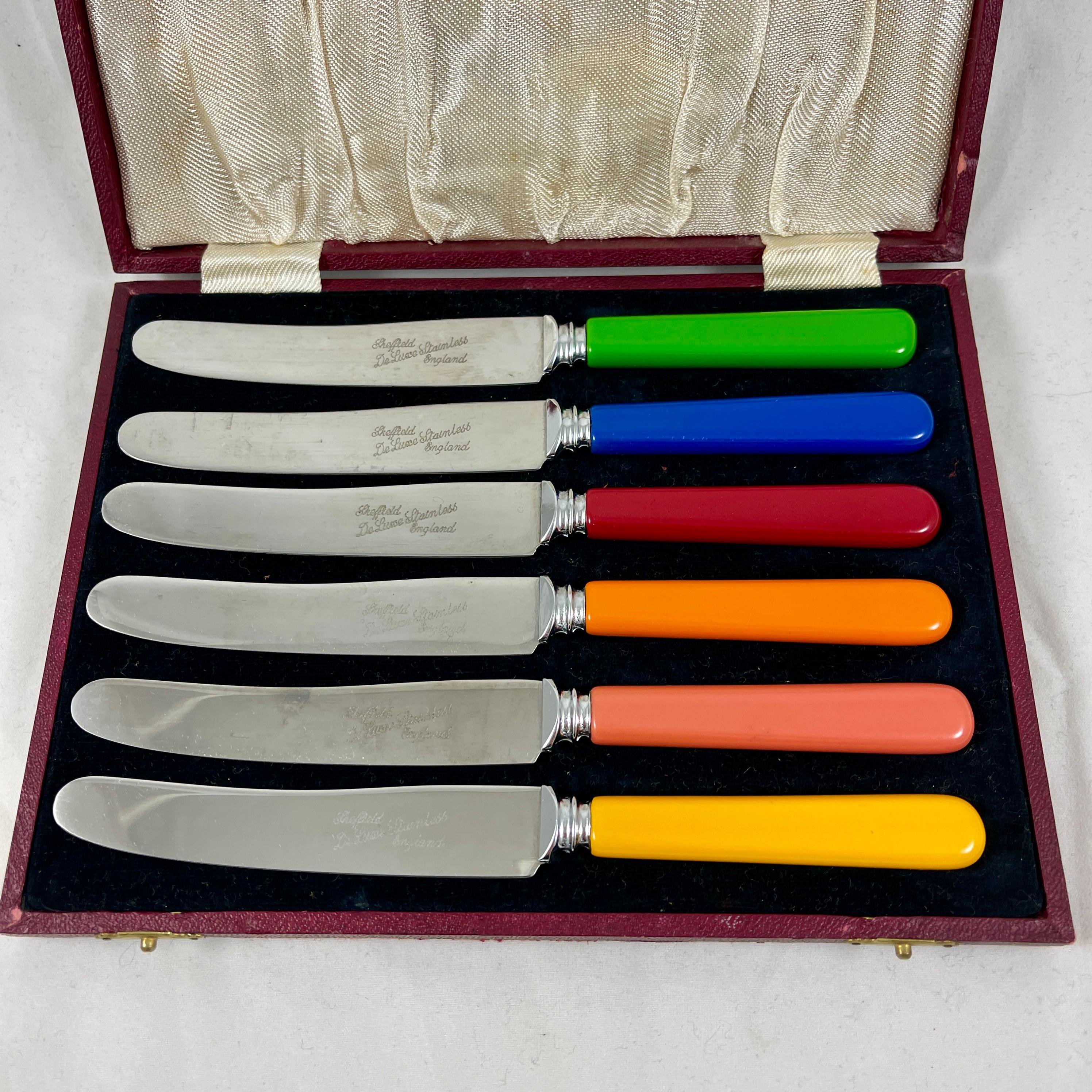 Mid-20th Century English Sheffield DeLuxe Bakelite Rainbow Colored and Stainless Spreaders S/6
