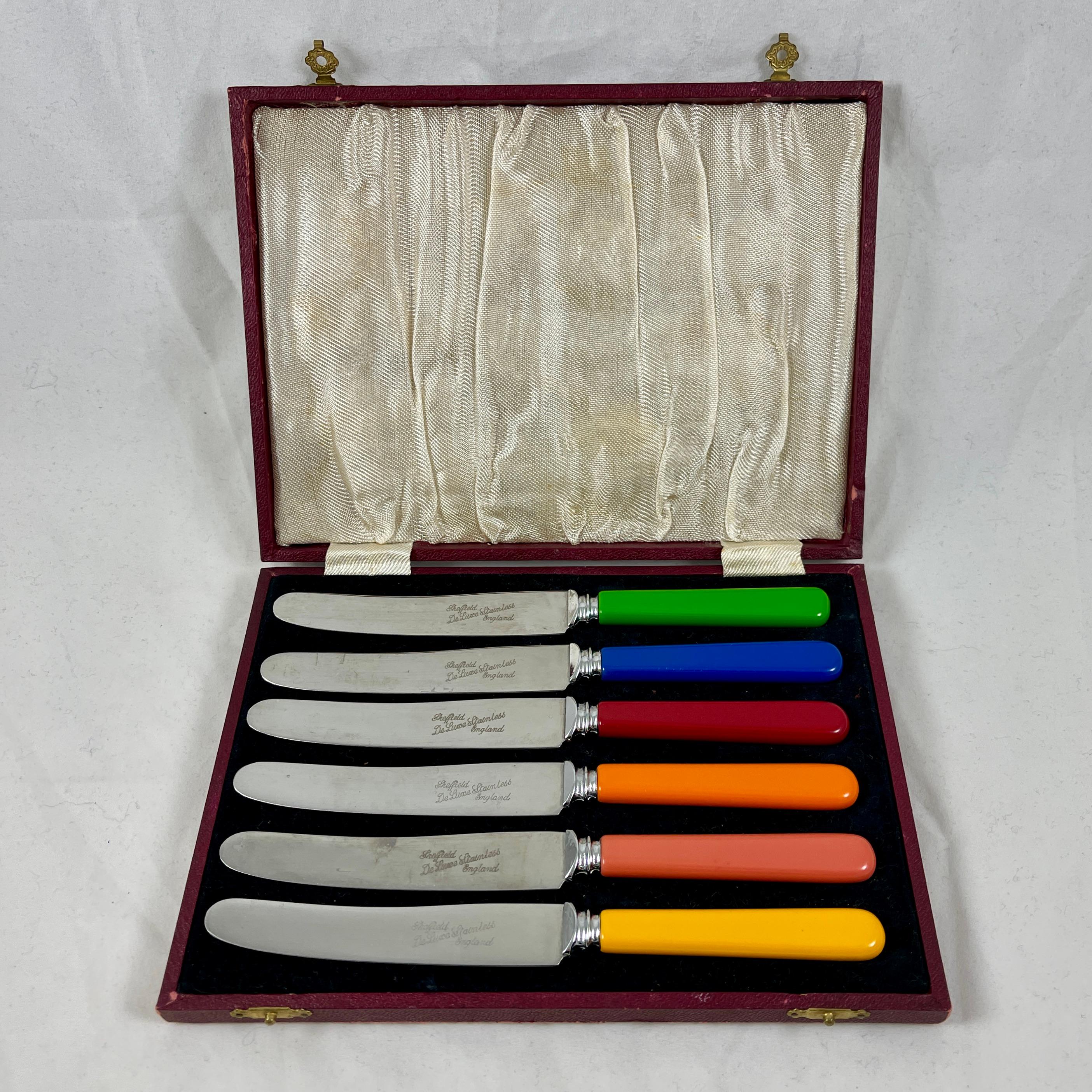English Sheffield DeLuxe Bakelite Rainbow Colored and Stainless Spreaders S/6 2
