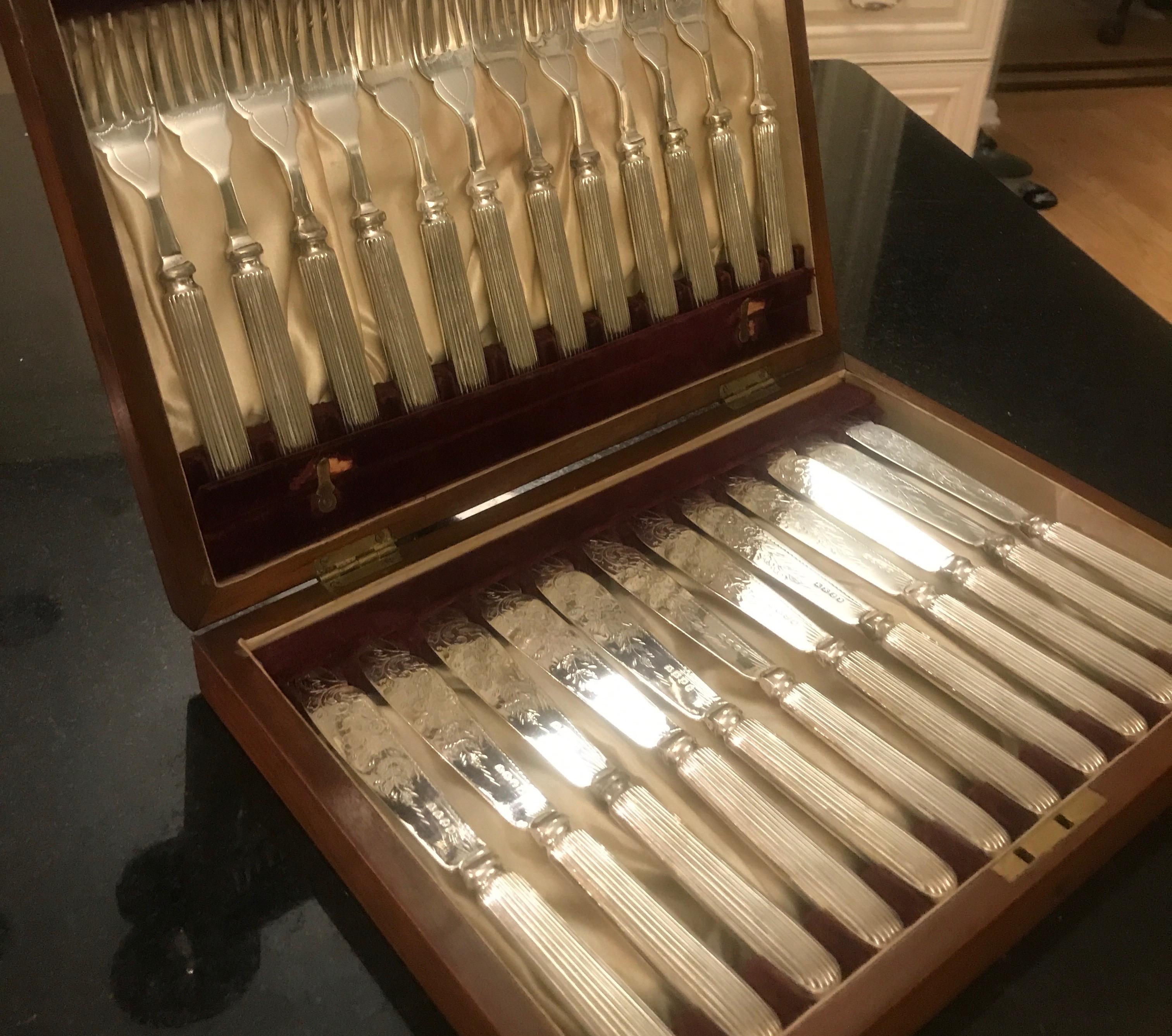 English Sheffield Fish Service for 12 in Original Mahogany Box 10