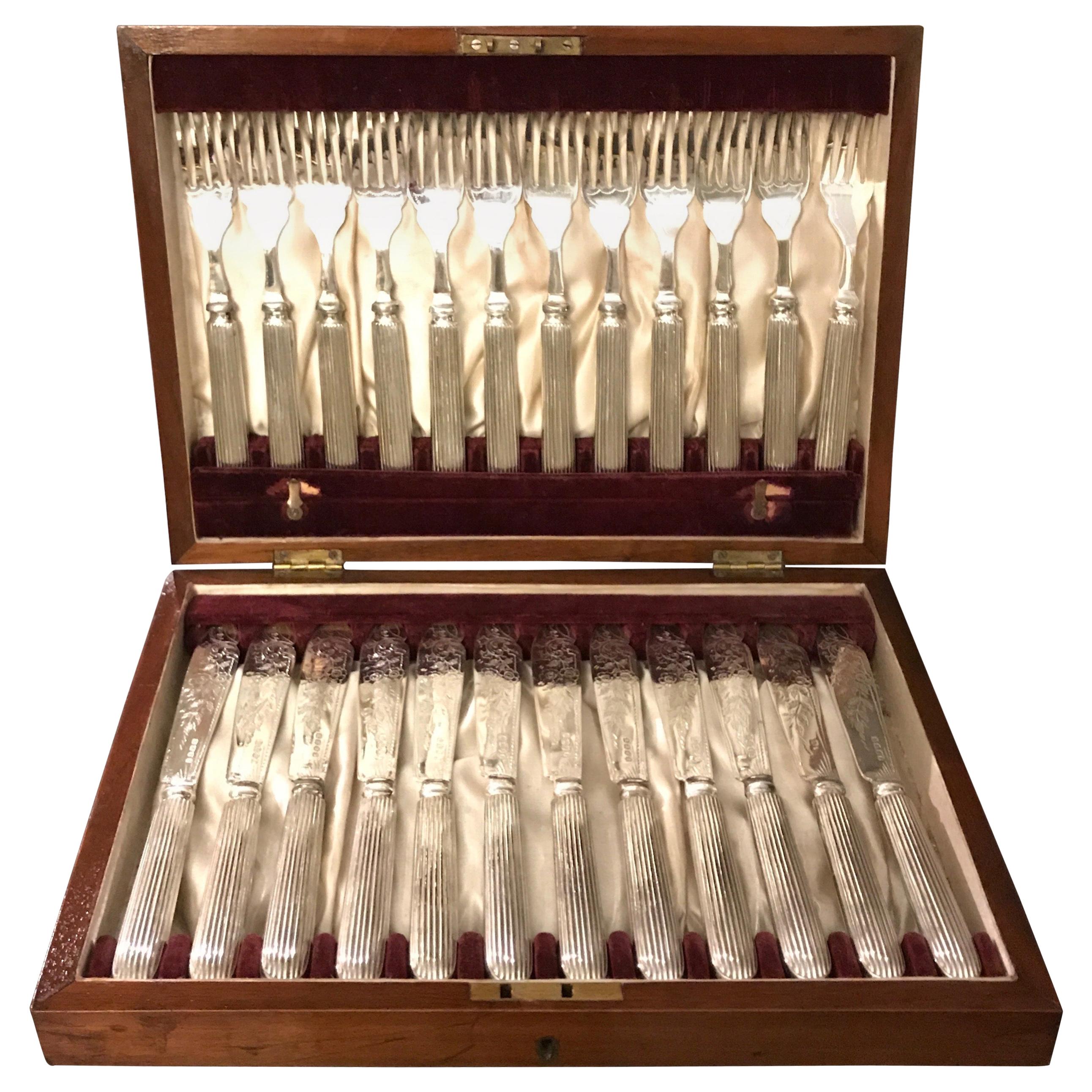 English Sheffield Fish Service for 12 in Original Mahogany Box