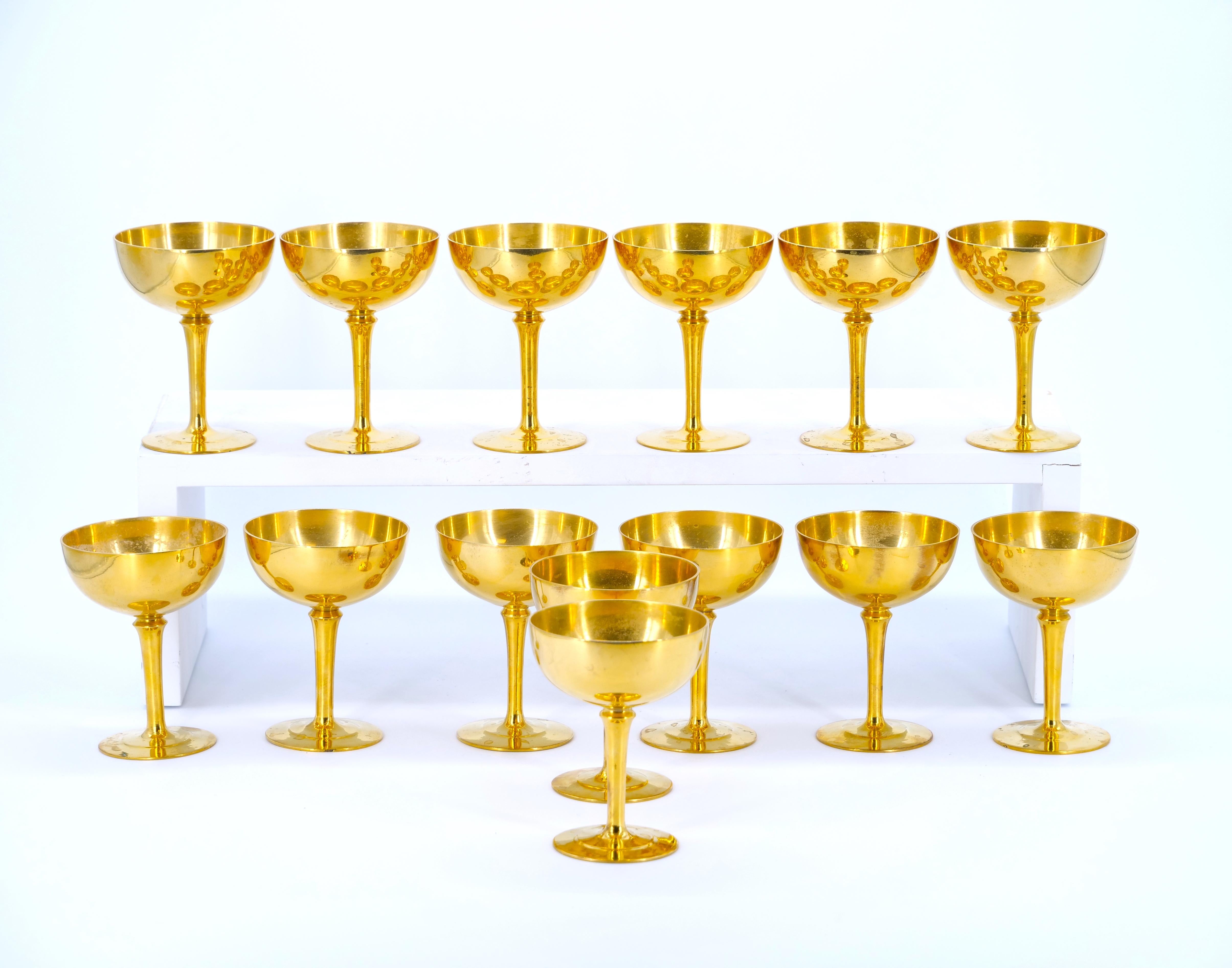 Silver Plate English Sheffield Gilt Champagne coupe / Wine Goblets Service / 14 People For Sale