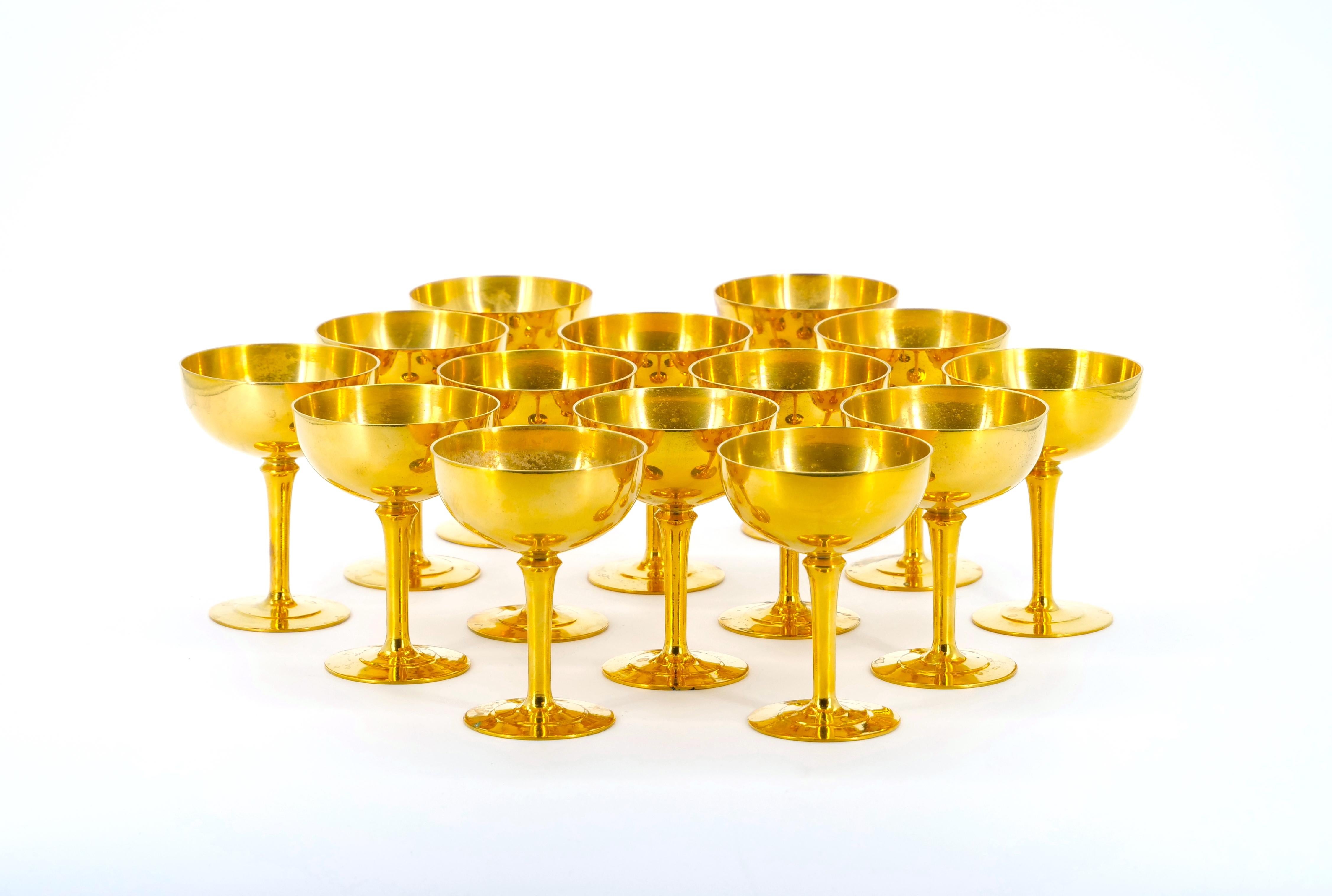 English Sheffield Gilt Champagne coupe / Wine Goblets Service / 14 People For Sale 1