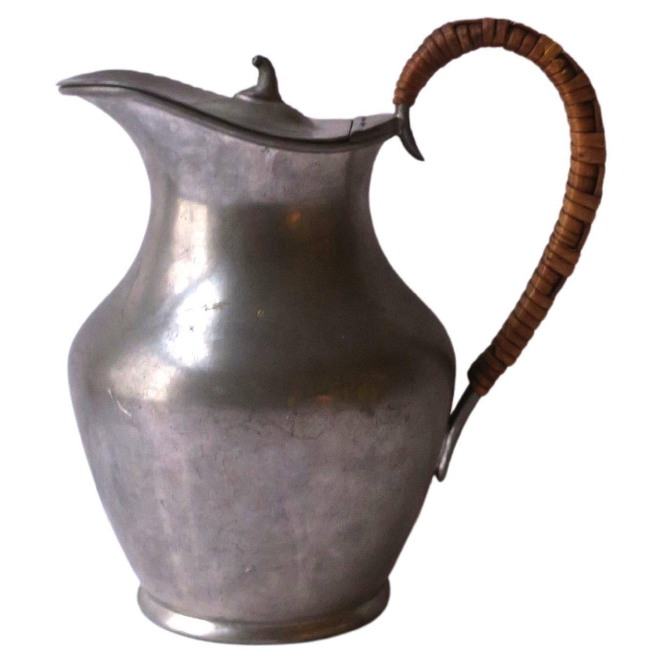 English Sheffield Pewter Pitcher with Wicker Handle For Sale