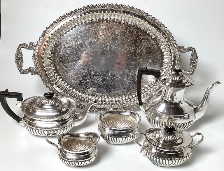 English Sheffield Plate Queen Ann Tea Service Including Tray For Sale