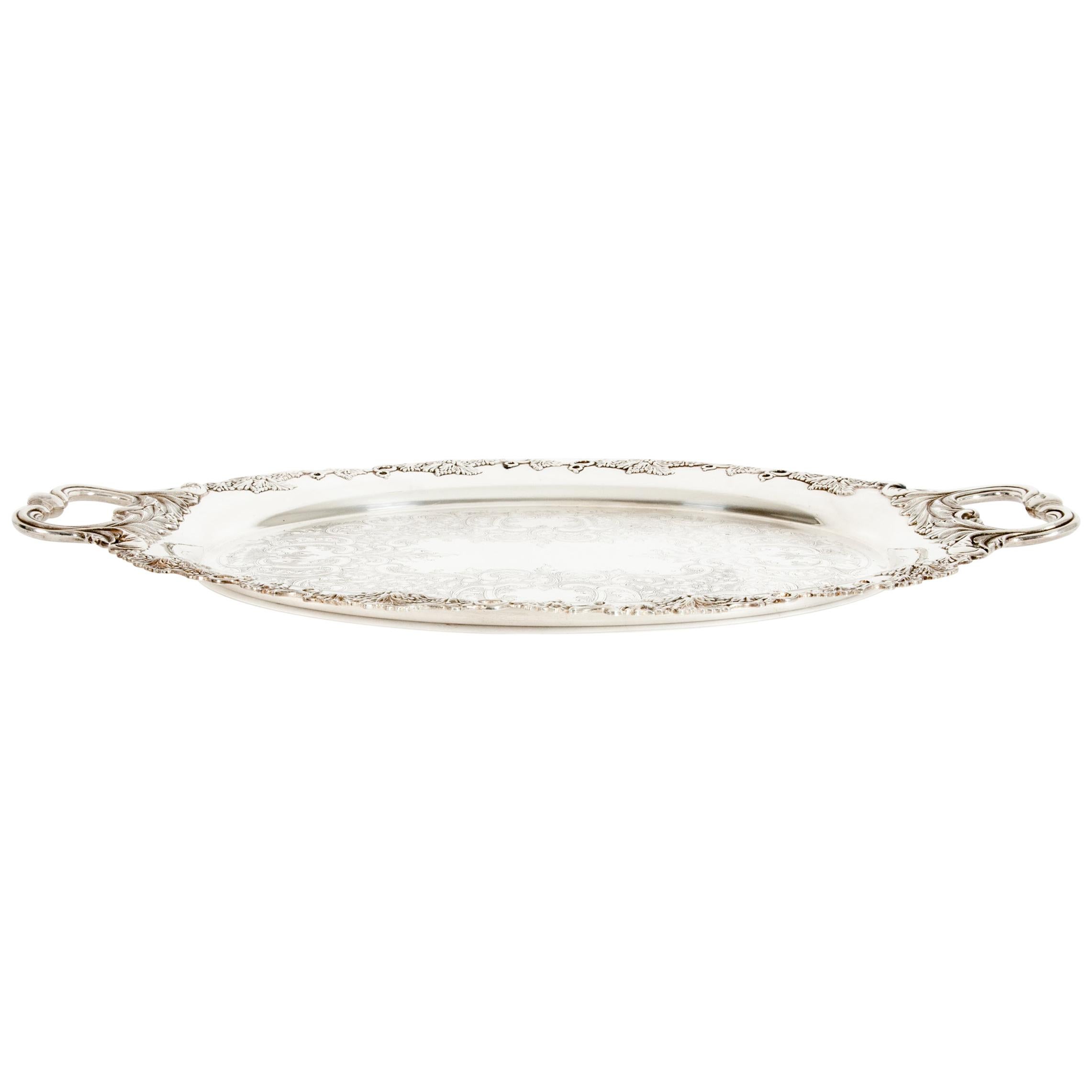 Large English Sheffield Silver Plated Footed Barware Gallery Tray at