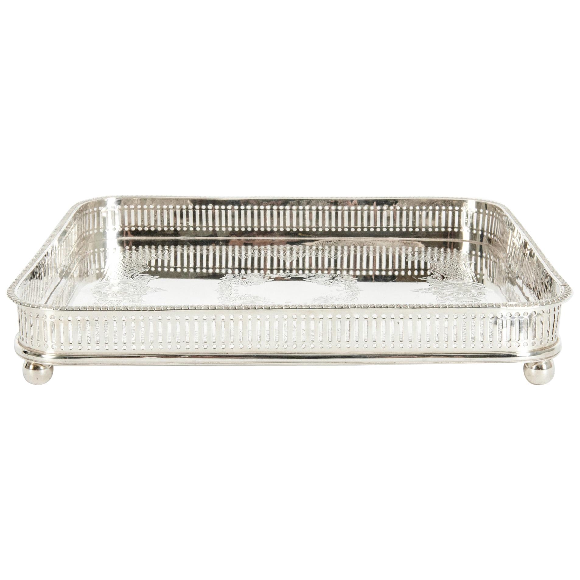 English Sheffield Plated Footed Barware Gallery Tray For Sale at 1stDibs