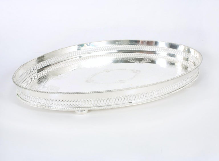 English Sheffield Plated Oval Barware Gallery Tray at 1stDibs