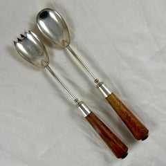 English Sheffield Silver & Oak Handled Salad Fork & Spoon Serving Pair, c. 1890