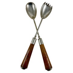 Antique English Sheffield Silver & Oak Handled Salad Fork & Spoon Serving Pair, c. 1890