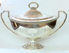 English Sheffield Silver Plate Hand Engraved "Adam Style" Lg. Soup Tureen